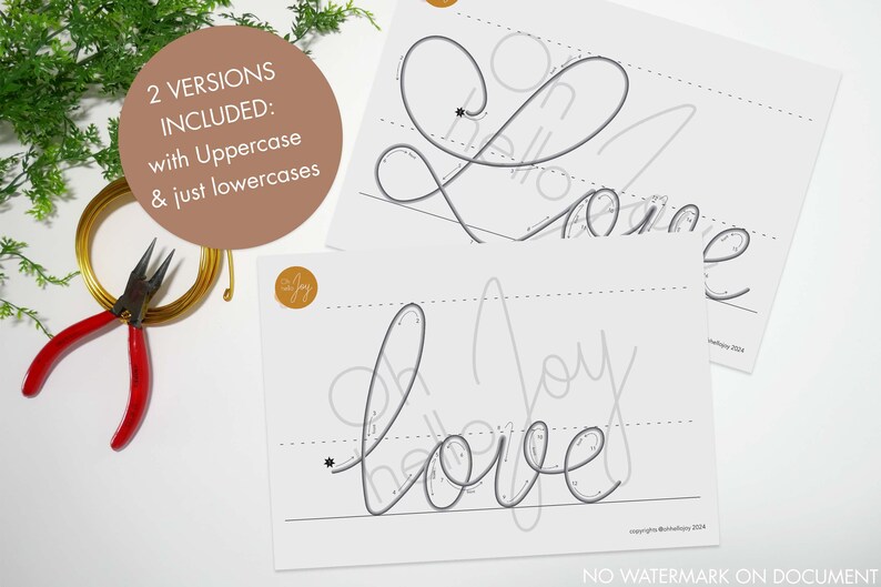 May include: Two printable templates for creating wire art. The templates feature the word "love" in cursive, one with uppercase letters and one with lowercase letters. The templates are printed on white paper with gray dotted lines.