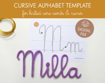 cursive alphabet template - printable letter template for wire art - uppercase + lowercase alphabet - knitted names - font template