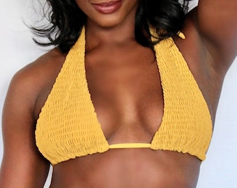 Golden Yellow Shirred, Halter, Bikini Top, Handmade, Swimwear