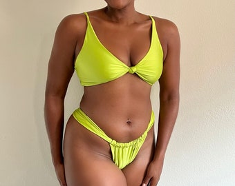 Center Knot Bikini Top, Adjustable Bikini Bottoms, Lime Green, Seamless, Women's Swimwear