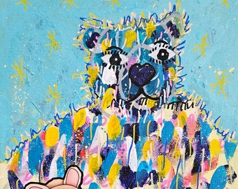 8x10 original acrylic painting blue bear kids painting