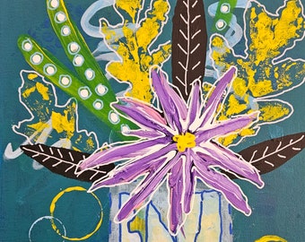 11x14 original abstract floral on canvas purple flower colorful & unique