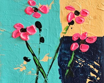 Original floral painting acrylic art punk flower wall art 6x6