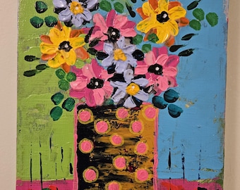 Original textured acrylic painting floral abstract wall art 8x10 "Flower in Vase A"