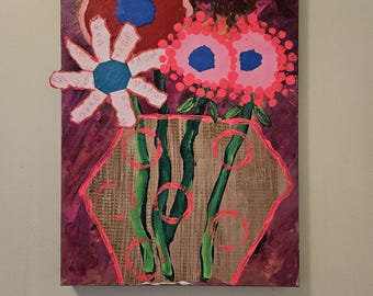 Original unique folk art acrylic painting colorful unique wall decor 12x16 "BRIGHT BOLD BLOOM"