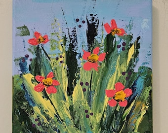 Acrylic textured floral painting original colorful nature art 8x8 "MEADOW HARMONY"