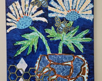 Original unique folk art collage blue wall decor 16x20 "HELLO FRIENDS"