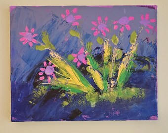 Original Acrylic Floral Painting: Pink Purple Expressionism Wall Decor 11x14