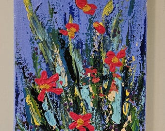 Original textured unique acrylic floral red flower painting colorful wall decor 8x10 "WILDFLOWER WELCOME"