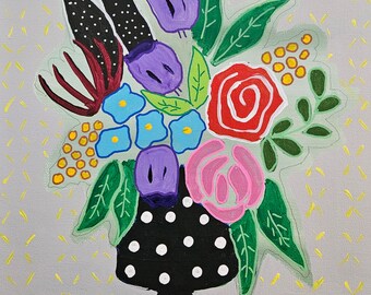 11x14 original folk art floral, colorful, unique flowers in vase by rkmjcreations