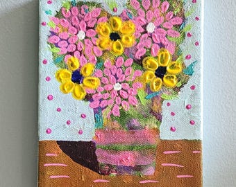 Original folk art floral painting pink flower wall art 6x8 colorful decor