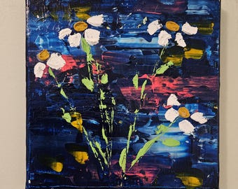 Original acrylic floral abstract painting 8x8 " MIDNIGHT BLOSSOM"