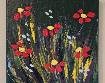 Original canvas floral art painting red flowers wall art decor 8x8 " WILDFLOWER WELCOME"