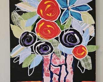 Unique mixed media paintings original wall decor purple & red flowers 12x16
