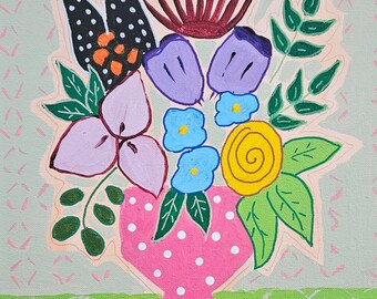 11x14 original floral folk art, colorful flowers unique by rkmjcreations