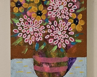 Original acrylic floral painting folkart wall decor 6x8 "FRIENDS"