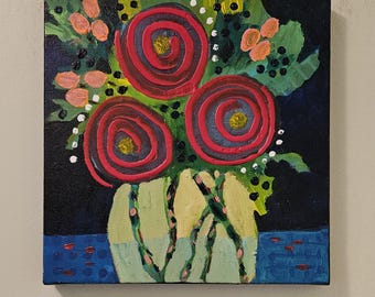 Floral acrylic painting original red flowers wall decor 10x10 GOING IN CIRCLES