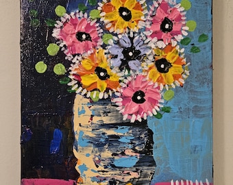 Original acrylic folkart painting Unique floral wall art  8x10 "FLOWERS IN VASE B"