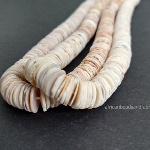 African Snail Shell Beads,  Organic Natural Discs, Cream and Beige Tones. 7-inch Strand, 12mm wide