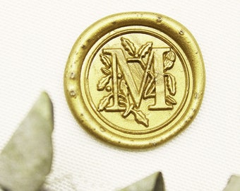 Alphabet Letter with leaf , Wax Seal Stamp , Roman Capital Initial Monogram Brass Stamp, Wedding Stamp