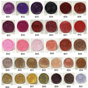 May include: Sixty-one round wax seals with various designs and colors. The seals are arranged in rows and labeled with numbers B31 through B61.