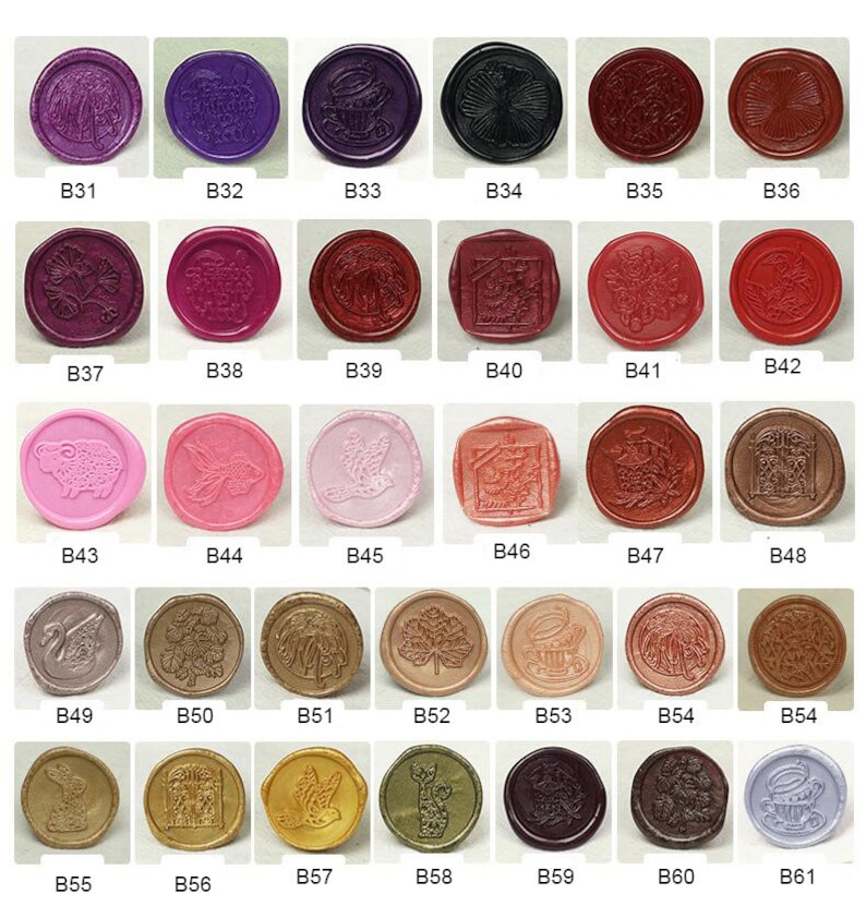 May include: Sixty-one round wax seals with various designs and colors. The seals are arranged in rows and labeled with numbers B31 through B61.