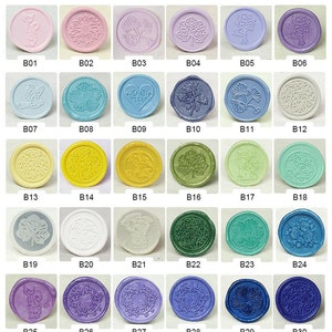 May include: Thirty different wax seal stamps with various designs, including flowers, leaves, hearts, and animals. The stamps are arranged in a grid pattern on a white background.