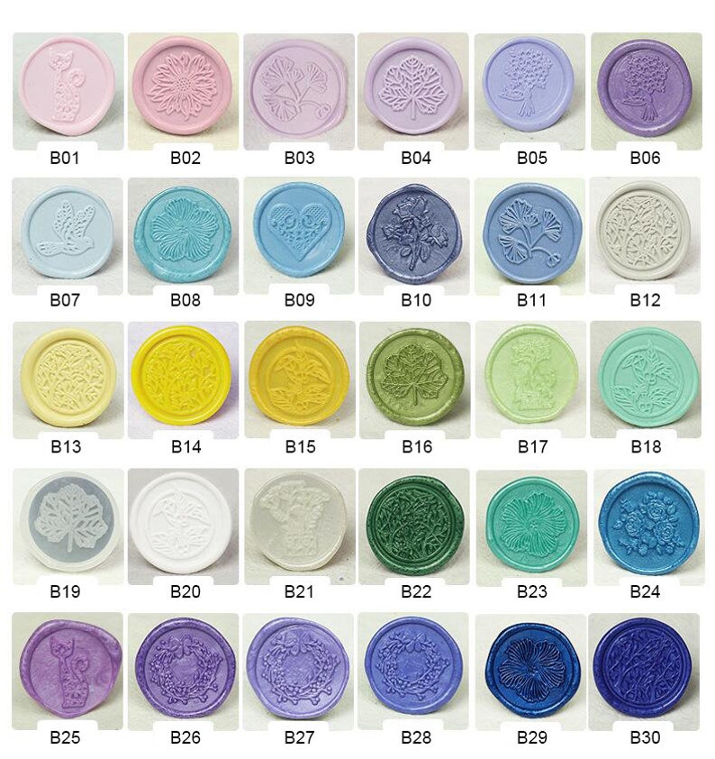 May include: Thirty different wax seal stamps with various designs, including flowers, leaves, hearts, and animals. The stamps are arranged in a grid pattern on a white background.