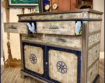 Coastal Driftwood & Blue Floral Buffet Cabinet / Pull-Out Serving Tray / Coffee Wine Bar / Vintage Server / Liquor Cabinet / Media Cabinet