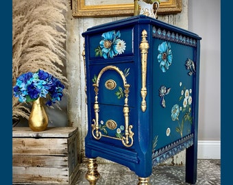 Glamorous Antique Victorian Side Table, Nightstand, End Table, Accent Piece. Boho Chic, Blue and Gold Modern Victorian Style