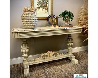 Gorgeous Jacobean Library Table / Greige, Gold Leaf Console Table / Painted Writing Desk / Vintage Sofa Table / Antique Entryway Hall Table