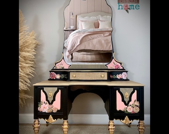 Gorgeous Black Floral Antique Vanity with Mirror / Hand Painted Black, Pink & Gold Leaf / Vintage Dressing Table/ Makeup Table