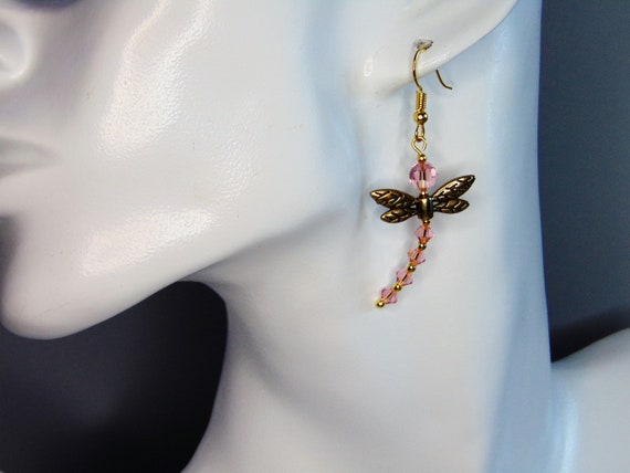 Pink Dragonfly Dangle Earrings with Crystals Pink Dragonfly Dangle Earrings with Crystals