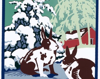 Screen Print - "Winter Rabbits" Limited Edition Handmade Fine Art
