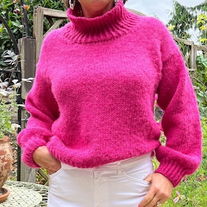 Hot Pink Hand Knitted Brushed Alpaca and Merino Wool Jumper