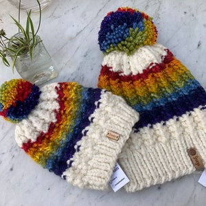 Hand Knitted Merino Wool Rainbow Beanie: Pom Pom Hat, Adult & Child