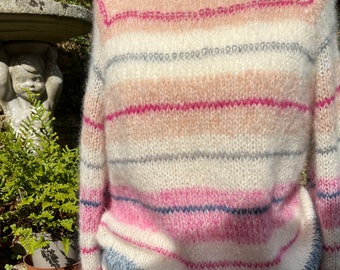 Colourful Alpaca and Mohair Striped Sweater with Speckled Merino Wool Trim