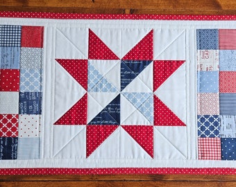 Red White & Blue Patchwork Star Small Table Runner Quilt