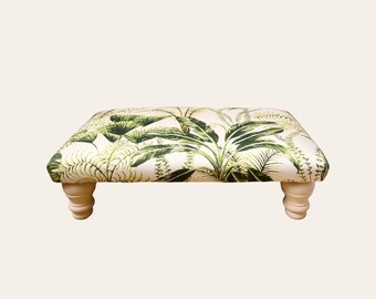 Bespoke Vintage Upholstered Footstool in Botanical Palm Cotton, Modern Patterned Footstool, Large Rectangular Footstool, Ottoman Bench