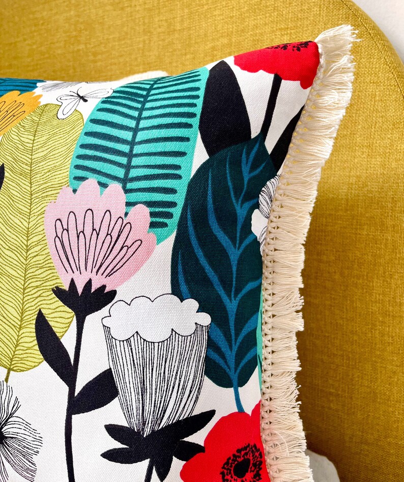 Bloom Tassel Cushion, Floral Square Cushion, Colourful Kids Decor, Garden Cushion, Flower Print Cushion, Colourful Cushion, Nursery Decor image 3