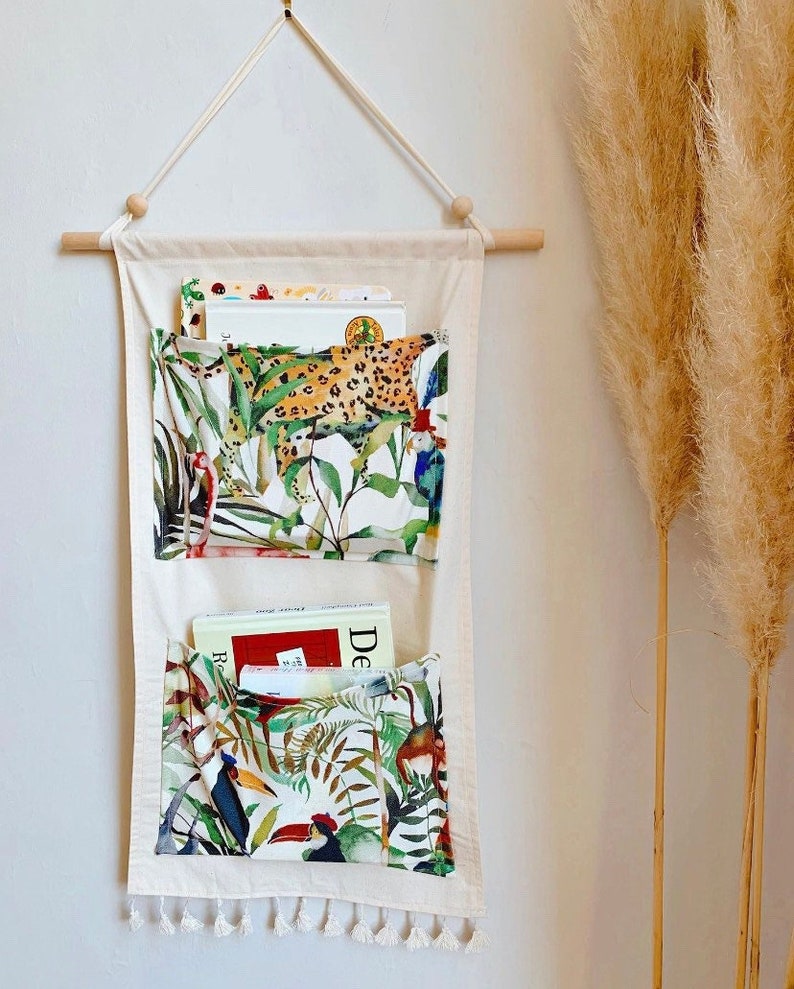 Rangement mural jungle, rangement pour enfants, rangement mural pour chambre d'enfant, jouet, accessoires, rangement pour couches, organisateur de poche mural, décor de chambre d'enfant Safari Two Pocket