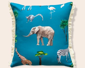 Tropical Tassel Cushion, Safari Nursery Decor, Animal Cushion, Kids Cushion, Jungle Decor Cushion, Tassel Cushion, Safari Bedding,