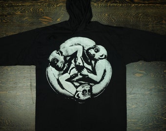 Vintage Nappy Threads Monkey Circle on Black Long Sleeve Hoodie Tee Shirt -  Ancient God Ivory Artifact Gothic Rocker Art XL / Extra Large