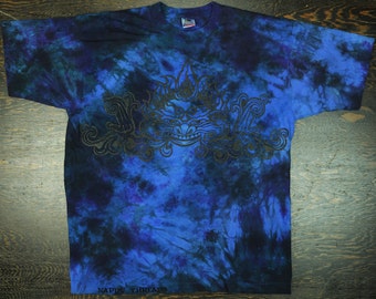 Vintage Nappy Threads Dragon Head - Blue Tye Dye Short Sleeve Tee Shirt - Indian Primitive Tribal Tattoo Festival Music T - L XL Large Extra