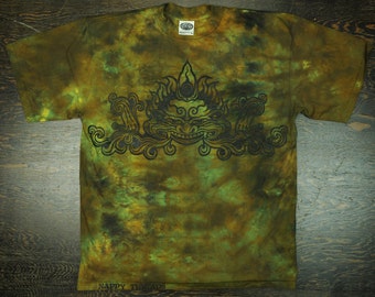 Vintage Nappy Threads Dragon Head - Brown Earth Tie Dye Short Sleeve Tee Shirt - Indian Primitive Tribal Tattoo Festival Rock XL Extra Large