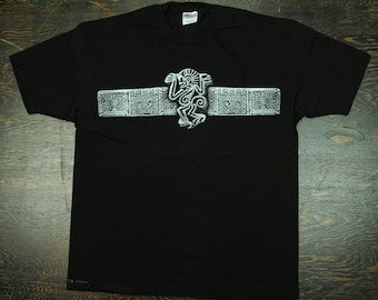 Vintage Nappy Threads Stone Stamp on Black Short Sleeve Tee Shirt - Ancient Mayan God Aztec Artifact Art Punk Gothic Rocker XL Extra Large