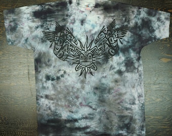 Vintage Nappy Threads Native Tribal on Grey Tye Dye Short Sleeve Tee Shirt - Eagle Sun God North American Indian Totem Art XL / Extra Large