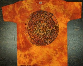 Vintage Aztec Calendar Tie Dye Short Sleeve Tee Shirt Earth Tone Colors Rust & Fire - Nappy Threads Cultural Artifact Icon - XL Extra Large