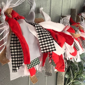 READY TO SHIP, Christmas Garland, Buffalo Plaid Christmas Rag-tie Swag, Farmhouse Christmas, Fabric Garland, Mantel Garland, Burlap Rag Tie