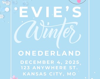 Op de afbeelding: Lichtblauwe uitnodiging met de tekst "EVIE'S Winter ONEDERLAND" en evenementdetails. Voorzien van een roze sneeuwvlok en het nummer "1" in een kerstbal. Versierd met sneeuwvlokken en een witte rand.